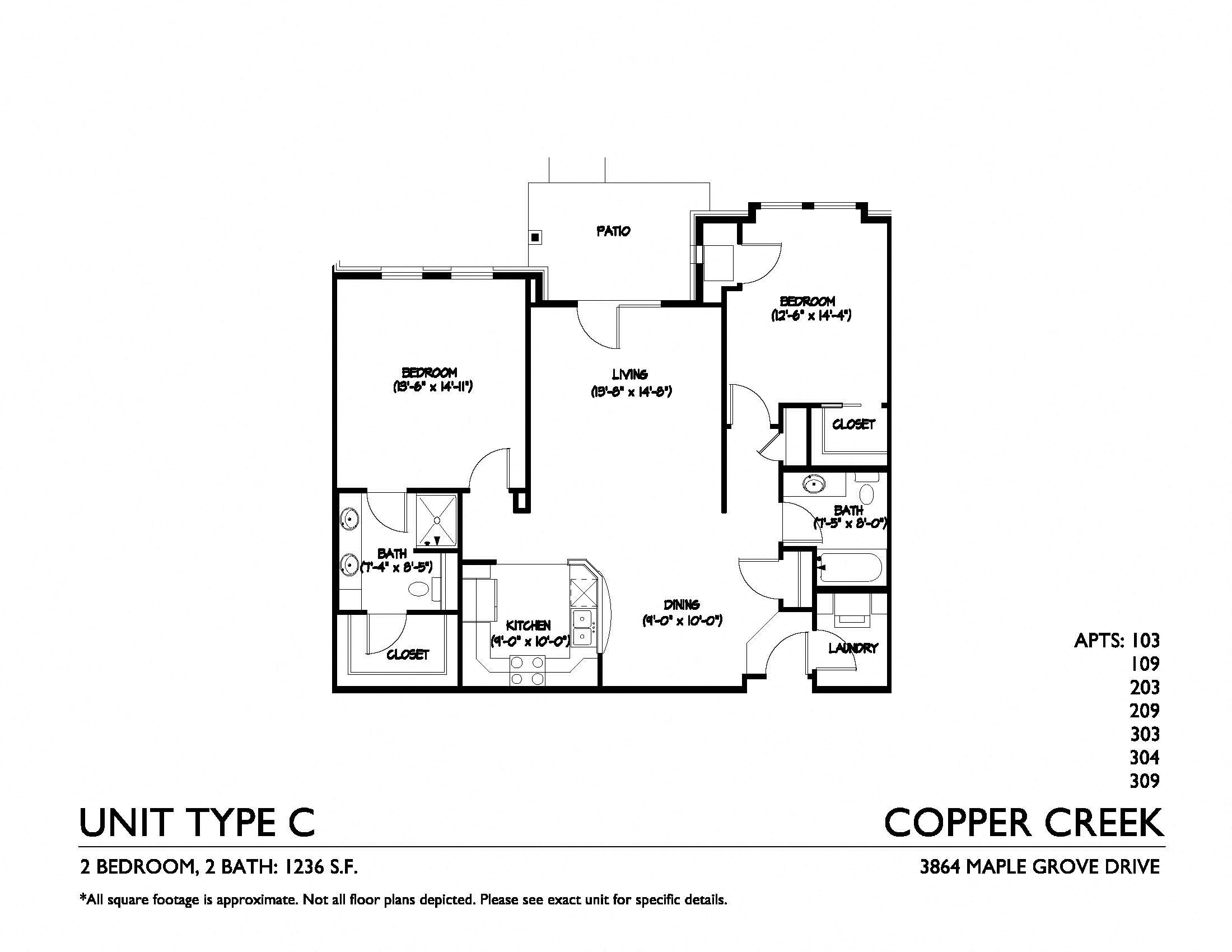 Floor plan for 2 beds, 2 baths, 1236 sqft